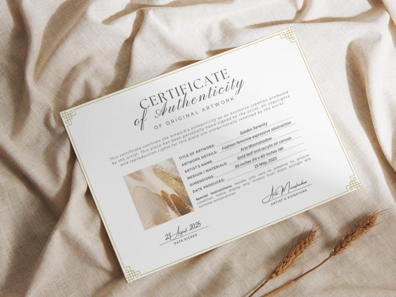 Editable Certificate of Authenticity for Artwork Template, Printable Authenticity Certificate, Artist Certificate COA Artist Documents, Editable Canva Templates - Digital Download Artist Certificate Artwork Authenticity Gold Certificate DIY Custom