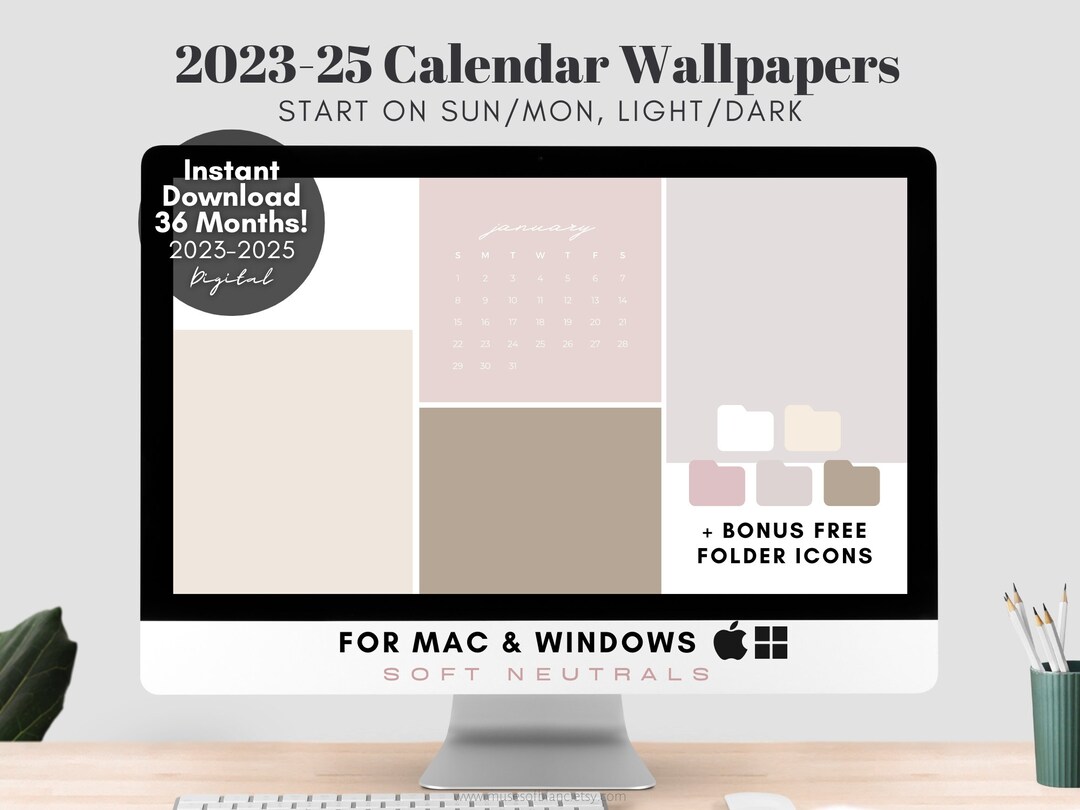Calendar Desktop Organizer Wallpaper 2023, 2024, 2025, Aesthetic Beige