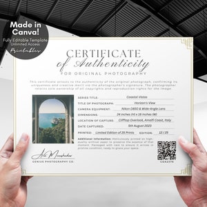 Editable Certificate of Authenticity for Photography Template, Printable Authenticity Certificate with QR Code, Editable Canva Templates