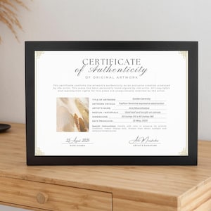 Editable Certificate of Authenticity for Artwork Template, Printable Authenticity Certificate, Artist Certificate COA Artist Documents, Editable Canva Templates - Digital Download Artist Certificate Artwork Authenticity Gold Certificate DIY Custom