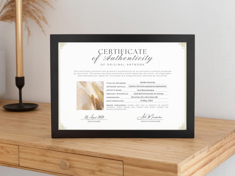 Editable Certificate of Authenticity for Artwork Template, Printable Authenticity Certificate, Artist Certificate COA Artist Documents, Editable Canva Templates - Digital Download Artist Certificate Artwork Authenticity Gold Certificate DIY Custom