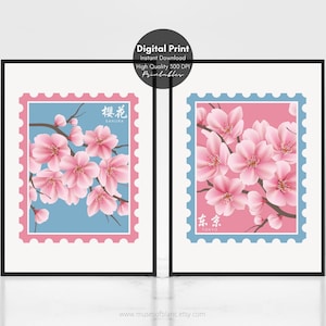 Set of 2 Spring Cherry Blossom Wall Art, Tokyo Art Print, Pink Sakura Print, Japanese Stamp Poster Art, Floral Wall Decor Printable Wall Art