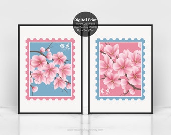 Set of 2 Spring Cherry Blossom Wall Art, Tokyo Art Print, Pink Sakura Print, Japanese Stamp Poster Art, Floral Wall Decor Printable Wall Art