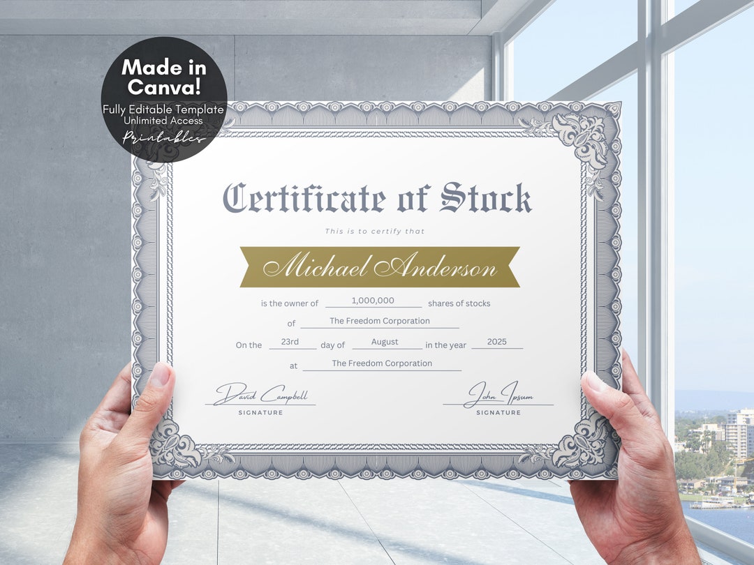 Editable Certificate of Stock Template, Printable Stock Certificate ...