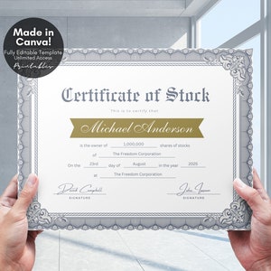 Op de afbeelding: Een aandelencertificaat met een decoratieve zilveren rand wordt door handen vastgehouden. Het certificaat luidt "Certificate of Stock" en bevat de naam "Michael Anderson". De tekst "Made in Canva!" staat in de linkerbovenhoek.