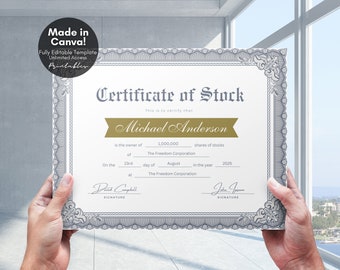 Editable Certificate of Stock Template, Printable Stock Certificate Corporate Common Shares Stock Ownership Gift for Employees, Canva