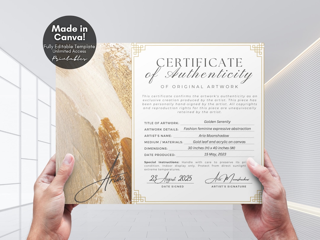 Editable Certificate of Authenticity for Artwork Template, Printable ...