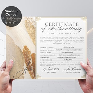 Editable Certificate of Authenticity for Artwork Template, Printable Certificate of Authenticity Artist COA Canva Template, Digital Download
