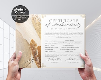 Editable Certificate of Authenticity for Artwork Template, Printable Certificate of Authenticity Artist COA Canva Template, Digital Download