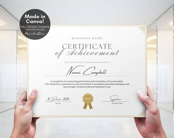Editable Certificate of Achievement Template, Award Recognition Certificate for Course Training Diploma, Canva Templates - Digital Download