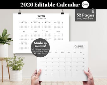 2026 Editable Calendar Template, 2026 Monthly Calendar, 2026 Yearly Calendar Printable Wall Calendar, Digital Planner Custom Calendar DIY