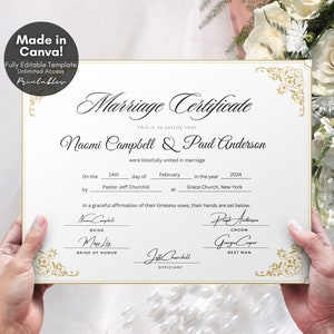 Editable Marriage Certificate Template, Printable Certificate of Marriage Keepsake, Custom Wedding Gift for Couples, Editable Canva Template