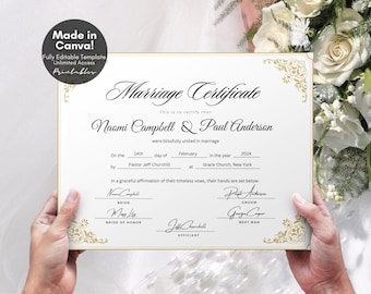Editable Marriage Certificate Template, Printable Certificate of Marriage Keepsake, Custom Wedding Gift for Couples, Editable Canva Template