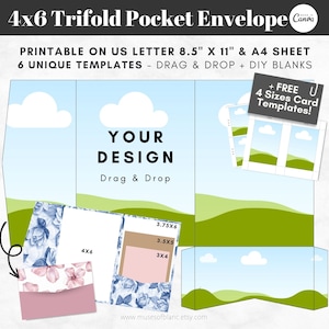 Drag and Drop Trifold Pocket Envelope Template, Printable 4x6 Tri Fold Pocketfold Envelope DIY Wedding Invitation Template, Canva Template