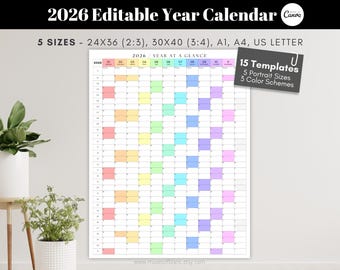 May include: A large, colorful 2026 year calendar with a rainbow-colored grid. The calendar includes the text "2026 Editable Year Calendar" and lists sizes such as 24x36 inches. It also features a section labeled "Year at a Glance" and includes a Canva logo.