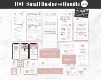 May include: A bundle of 100+ printable templates for small businesses, featuring pink and white color scheme. The templates include price lists, order forms, return trackers, inventory sheets, scan-to-pay QR codes, gift certificates, loyalty cards, and thank you cards. The bundle also includes 30 free and editable Instagram post templates and 90 icons.