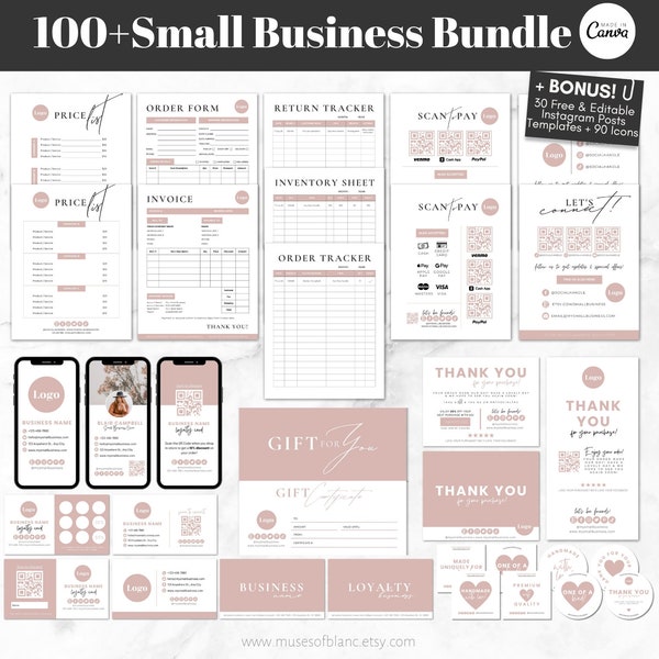 Editable Small Business Bundle, Thank You Card Template, Gift Certificate, Price List, Scan to Pay, Business Forms, Labels, Canva Template