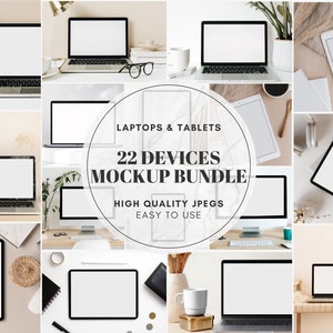 May include: A mockup bundle of 22 devices, including laptops and tablets, in various settings. The devices have blank screens, perfect for showcasing designs or websites. The text "LAPTOPS & TABLETS 22 DEVICES MOCKUP BUNDLE HIGH QUALITY JPEGS EASY TO USE" is displayed in a circle.