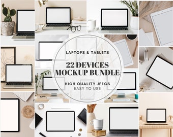 22 Device Mockup Bundle, iPad Tablet Mockup, Desktop Macbook Laptop Mockup, Digital Screens Realistic Scenes Mockup - JPG, Digital Download