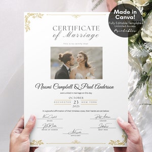 Editable Marriage Certificate Template, Printable Certificate of Marriage Keepsake, Custom Wedding Gift for Couples, Editable Canva Template