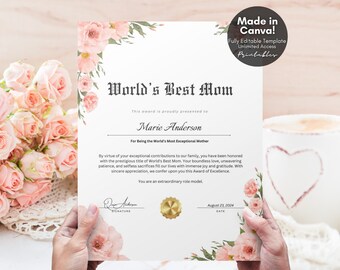 Editable World’s Best Mom Certificate Template, Custom Happy Mother’s Day Gift DIY Gift for Mom, Editable Canva Template - Digital Download