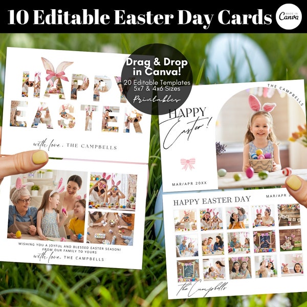 Editable Easter Cards Template, Printable Easter Cards Digital, Photo Collage Easter Cards, Personalized Easter Gift DIY, Editable Canva