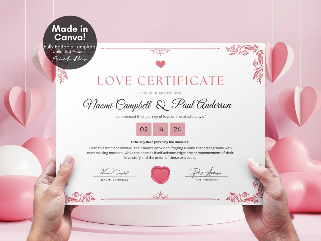 Editable Certificate of Love Couple Gift Keepsake, Personalized