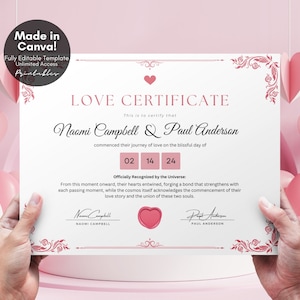 Editable Certificate of Love Couple Gift Keepsake, Personalized Valentines Day Gift DIY Love Certificate Template, Romantic Gifts for Her