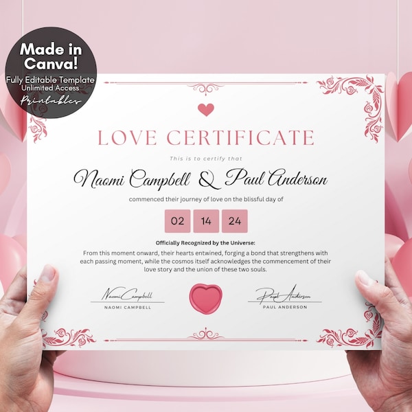 Editable Certificate of Love Couple Gift Keepsake, Personalized Valentines Day Gift DIY Love Certificate Template, Romantic Gifts for Her