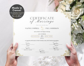 Editable Marriage Certificate Template, Printable Certificate of Marriage Keepsake, Custom Wedding Gift for Couples, Editable Canva Template