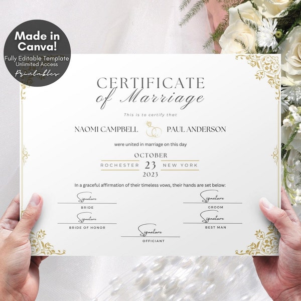 Editable Marriage Certificate Template, Printable Certificate of Marriage Keepsake, Custom Wedding Gift for Couples, Editable Canva Template