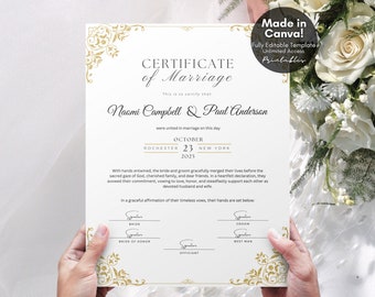 Editable Marriage Certificate Template, Printable Certificate of Marriage Keepsake, Custom Wedding Gift for Couples, Editable Canva Template