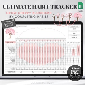 Puede incluir: Una pantalla de computadora portátil que muestra una hoja de cálculo de seguimiento de hábitos rosa y blanca con el título "Ultimate Habit Tracker: Grow Cherry Blossoms by Completing Habits". La hoja de cálculo incluye una sección de seguimiento diario con una lista de hábitos y una cuadrícula de calendario para marcar la finalización. La hoja de cálculo también incluye un gráfico de progreso y una sección para realizar un seguimiento del total de hábitos diarios completados. La hoja de cálculo está diseñada para ayudar a los usuarios a realizar un seguimiento de su progreso hacia el logro de sus objetivos.