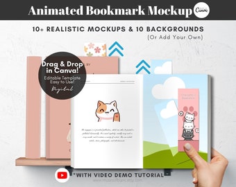 Animated Bookmarks Mockups, Book Mockups Bookmark Template, Custom Blank Open Book Mockup, Printable Bookmark Listing Mockup, Canva Template