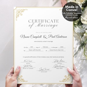Editable Marriage Certificate Template, Printable Certificate of Marriage Keepsake, Custom Wedding Gift for Couples, Editable Canva Template