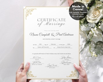 Editable Marriage Certificate Template, Printable Certificate of Marriage Keepsake, Custom Wedding Gift for Couples, Editable Canva Template
