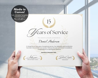 Editable Years of Service Award Certificate, Employee Work Anniversary Award, Certificate of Recognition Corporate Gift for Employees, Canva