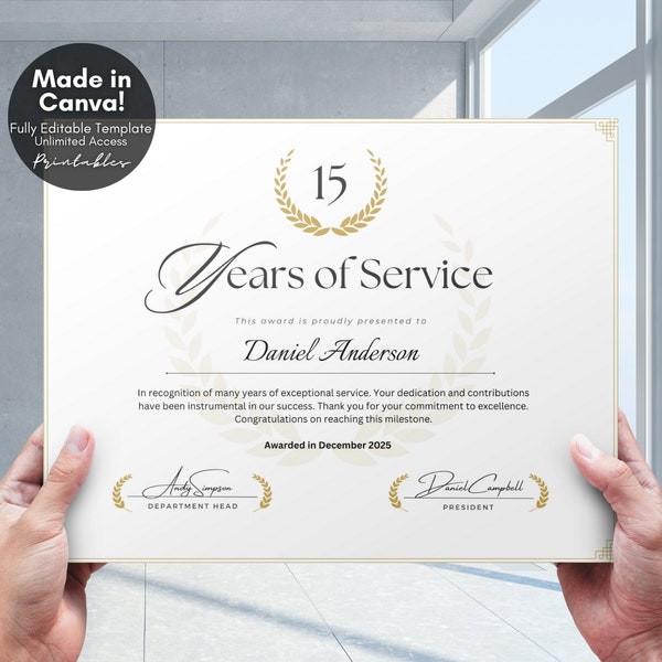 Editable Years of Service Award Certificate, Employee Work Anniversary Award, Certificate of Recognition Corporate Gift for Employees, Canva