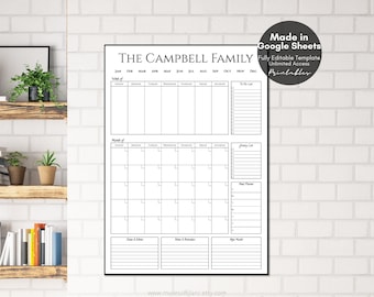Editable Family Command Center Printable Google Sheets Template V1, Custom Family Organizer Undated Calendar, Meal Planner, Digital Download