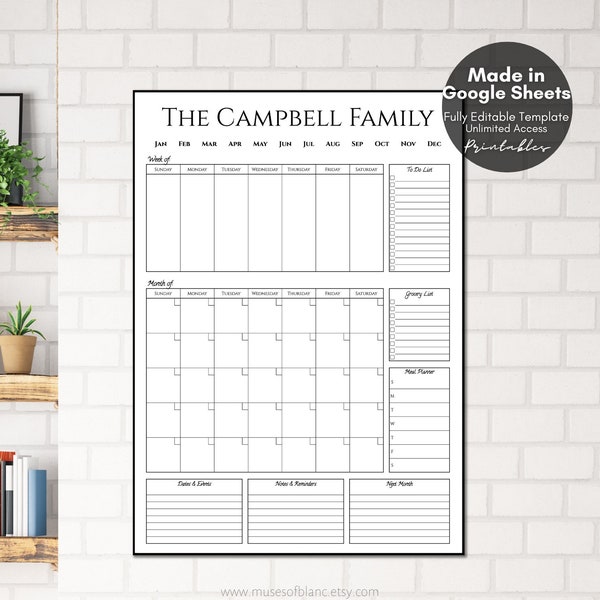 Editable Family Command Center Printable Google Sheets Template V1, Custom Family Organizer Undated Calendar, Meal Planner, Digital Download