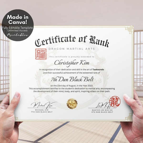 Editable Certificate of Rank Recognition for Martial Arts Certification, Martial Arts Gifts, Editable Canva Templates - Digital Download