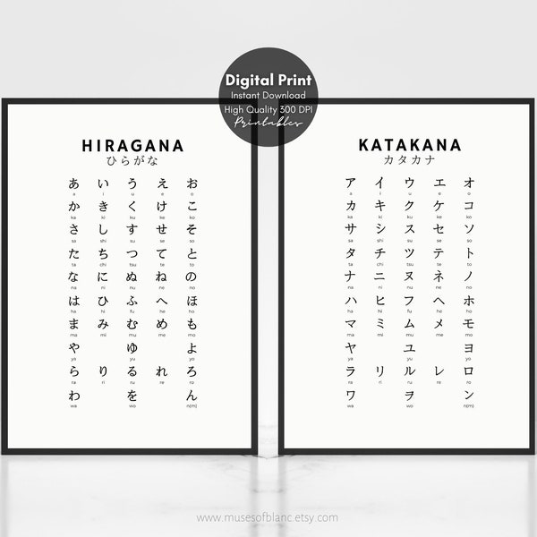 Japanese Hiragana Wall Print, Katakana Wall Print, Set of 2 Kana Chart, Learn Japanese Particles, Japan Printable Wall Art, Digital Download