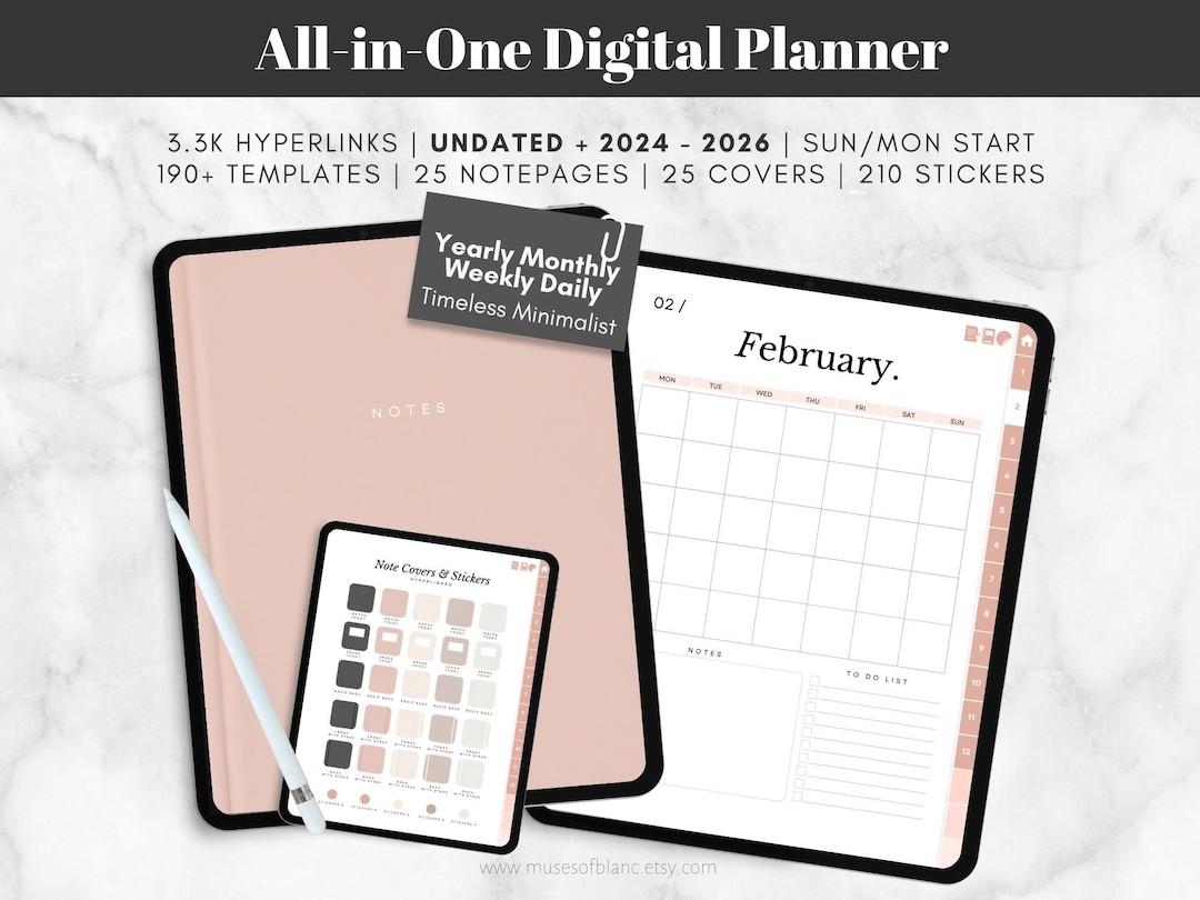 Undated Digital Planner, Minimalist Planner, Hyperlinked Monthly ...