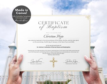 Puede incluir: Un certificado de bautismo blanco con ribete dorado. El certificado dice "Certificado de Bautismo" y "Esto certifica que Christian Hope fue solemnemente bautizado en el abrazo divino del Padre, el Hijo y el Espíritu Santo en este día sagrado, el 6 de enero del año de nuestro Señor 2025, en el santuario sagrado de la Catedral de San Andrés de la Gracia Eterna y la Redención." El certificado está firmado por "J.W. Ministro de la Iglesia" y "Daniel Rogers Pastor Presidente".
