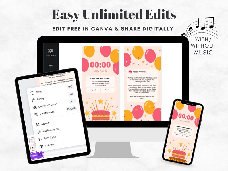 Editable Ecard Birthday Card Template, Ecard Animated Birthday Card Template for Mobile Phones, Video Card Ecard with Music, Editable Template Canva - Digital Download, Digital Gift Template, Digital Gift Card Template, Birthday Ecard with Music