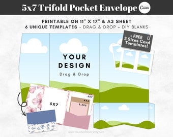 Drag and Drop Trifold Pocket Envelope Template, Printable 5x7 Tri Fold Pocketfold Envelope DIY Wedding Invitation Template, Canva Template