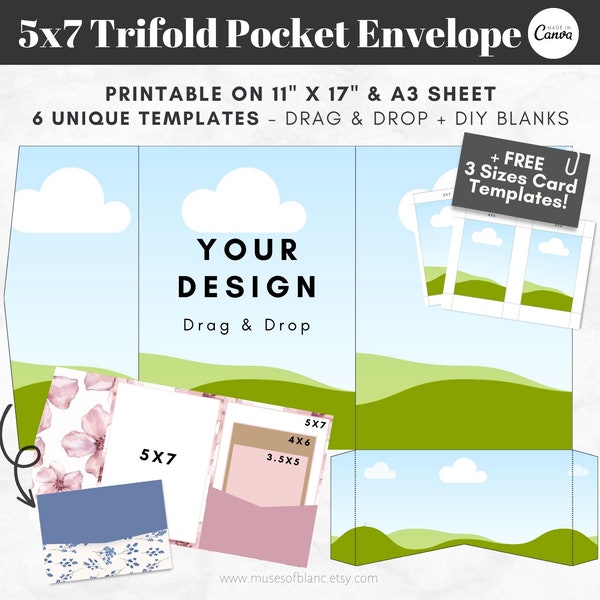 Drag and Drop Trifold Pocket Envelope Template, Printable 5x7 Tri Fold Pocketfold Envelope DIY Wedding Invitation Template, Canva Template