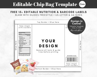 Editable Chip Bag Template, DIY Blank Chip Bag Design Template, Custom Party Favor Template, Blank Chip Bag Label Printable, Canva Template