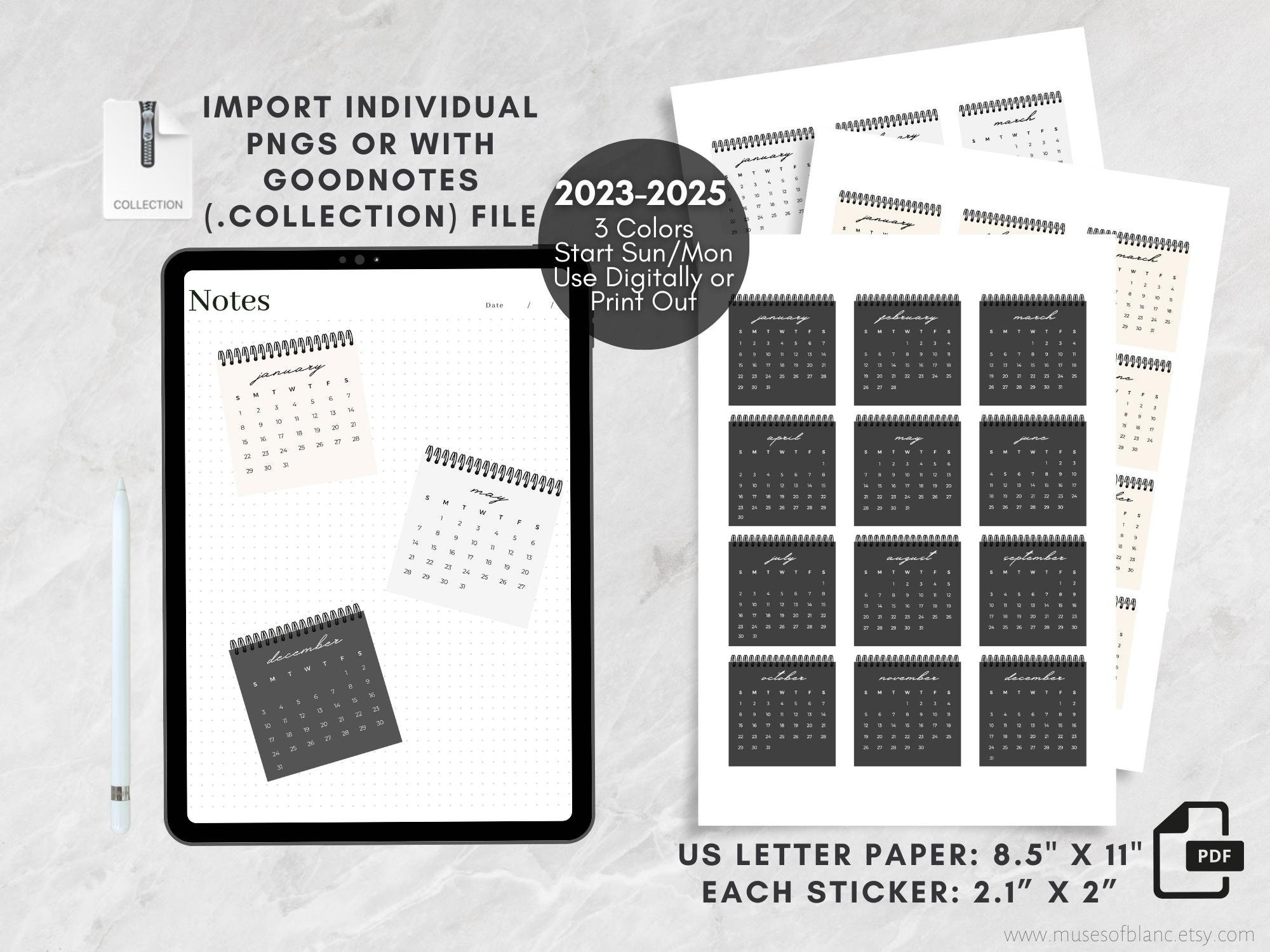 Monthly Calendar Digital Stickers 2023 2024 2025 Mini Etsy