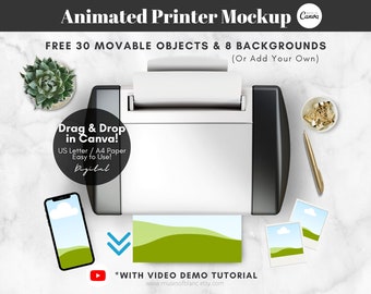 Animated Printer Mockup, Custom Mockup for Printable Sheet Paper Mockup, US Letter A4 Mockup, Printable Products Mockup, Custom Phone Mockup